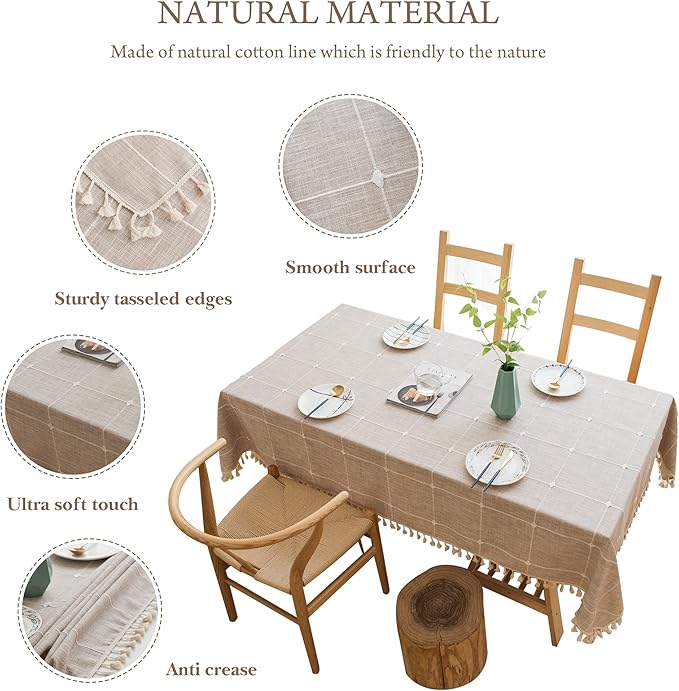 Pahajim Rustic Linen Tablecloth Cotton Rectangle Table Cloth for Kitchen Dining with Tassel Plaid Waterproof Tablecloths Rectangle/Oblong,55''x71'',4-6 Seats