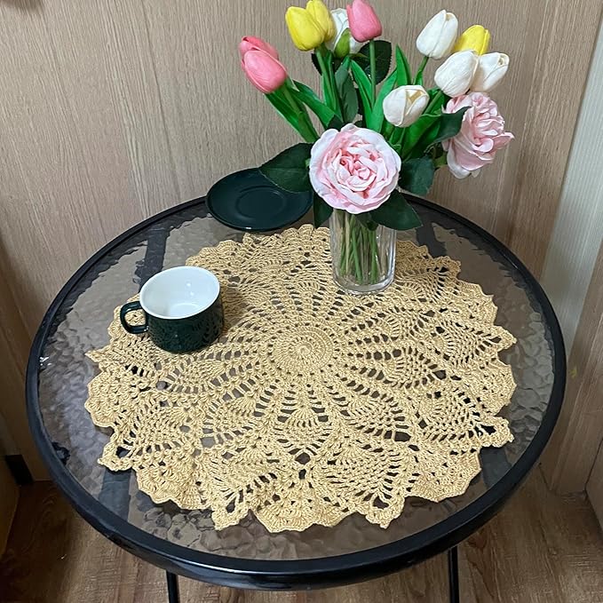 BIBITIME Lace Tablecloth Doily Handmade Crochet Placemat Women Vase Mat Kitchen Table Runner (2PCS- 18 in to 20 in, Champagne)