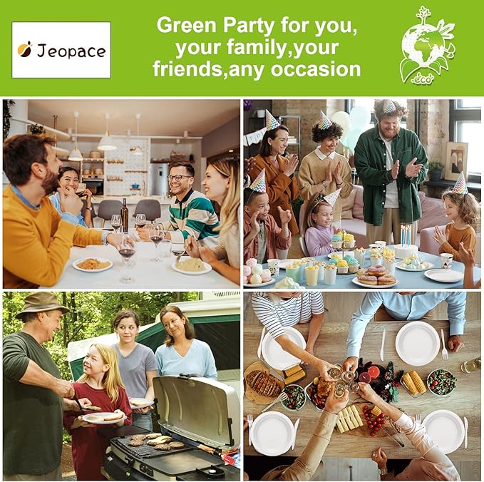 Jeopace Eco Paper Plates Set, 250PCS - 9 & 7 Inch Sugarcane Bagasse Biodegradable Plates, Cornstarch Cutlery for 50 People (White)