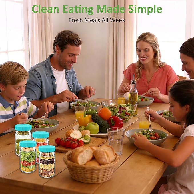 4Pack Glass Salad Jars with Lids, 32oz Salads Mason Jars with Wet/Dry Separation Cup, Meal Prep Salad Containers for Lunch, Leakproof Wide Mouth Food Storage Containers, BPA-Free Reusable (Mint Green)