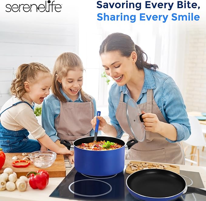 SereneLife 15-Pc Blue Nonstick Cookware Set, Heat-Resistant Pots & Pans Set with Lids, Dishwasher Safe, Includes Matching Utensils