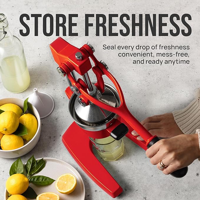 Zulay Kitchen Cast Iron Juicer - Easy-to-Clean Heavy-Duty Manual Juicer, Professional Citrus Juicer - Stainless Steel Lemon Squeezer - Manual Citrus Press & Orange Squeezer - Orange Juicer (Red)