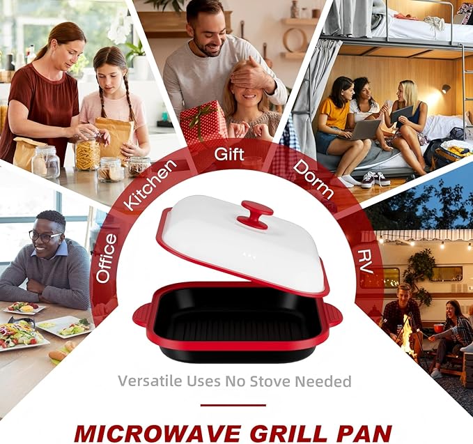 Microwave Grill Pan with Cover | Microwave Bacon Cooker | Griller & Crisper Pan for Grilling, Frying, Browning and Crisping | Microwave Cookware for Grill Meat | Dishwasher Safe for Dorms,Office,RV