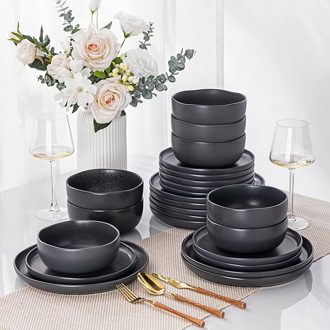 AmorArc Ceramic Dinnerware Sets, Wavy Rim Stoneware Plates and Bowls Sets,Dishwasher & Microwave & Oven Safe Dishes set, Service for 6 (24pc)-Charcoal Matte