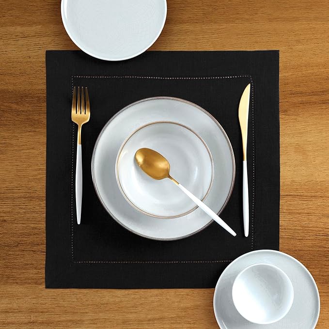 Solino Home Linen Square Placemats Set of 4-100% Pure Linen Black Cloth Placemats 14 x 14 Inch - Classic Hemstitch, Machine Washable Place Mats for Winter, Spring, Easter