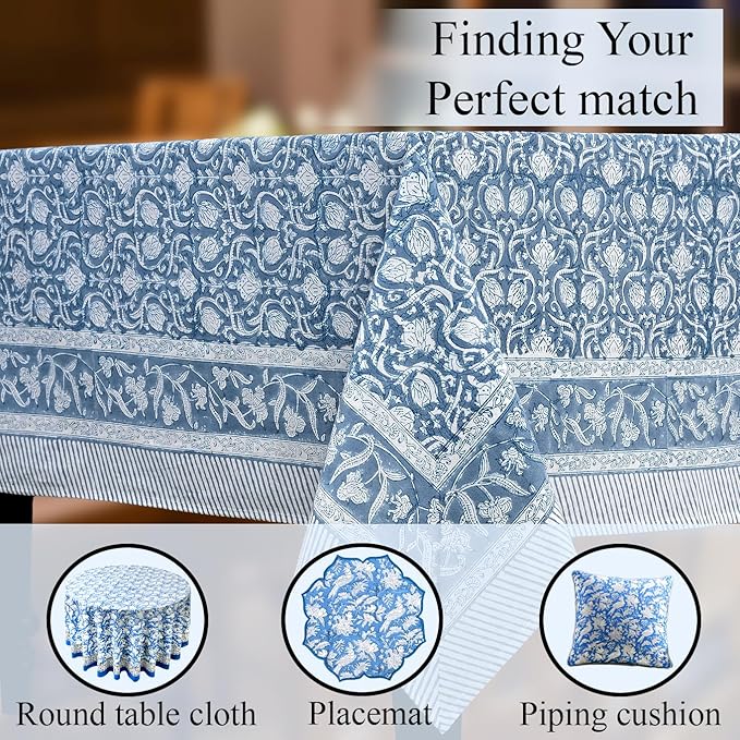 CPC Azure Regal Tablecloth 100% Cotton 70x118 Inch Indian Block Print Rectangle Table Cover, Table Cloth for Gifting in Weddings, Halloween, Fall, Christmas, Thanksgiving