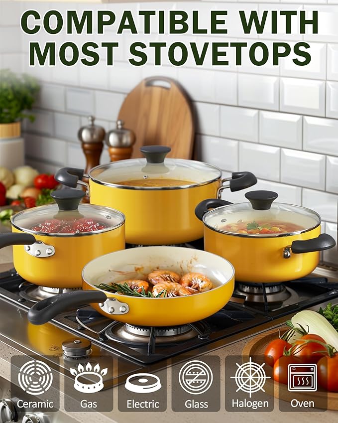 Cook N Home Pots and Pans Set Nonstick, 10-Piece Ceramic Kitchen Cookware Sets, Nonstick Cooking Set with Saucepans, Frying Pans, Dutch Oven Pot with Lids, Yellow