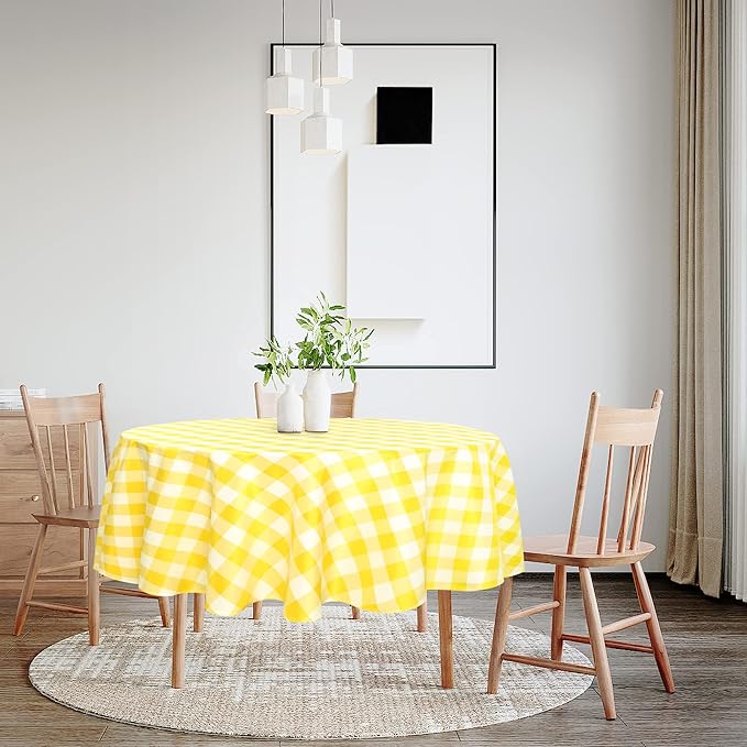 Hiasan Checkered Round Tablecloth 60 Inch - Waterproof & Wrinkle Resistant Washable Fabric Spring Table Cloth for Dining Room Party Outdoor Picnic, Yellow and White