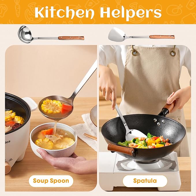 FJNATINH Wok Spatulas and Ladle, Heat Resistant Wooden Handle Wok Utensils, Stainless Steel Cooking Utensils for Serving, Turning, Stirring, Set of 2