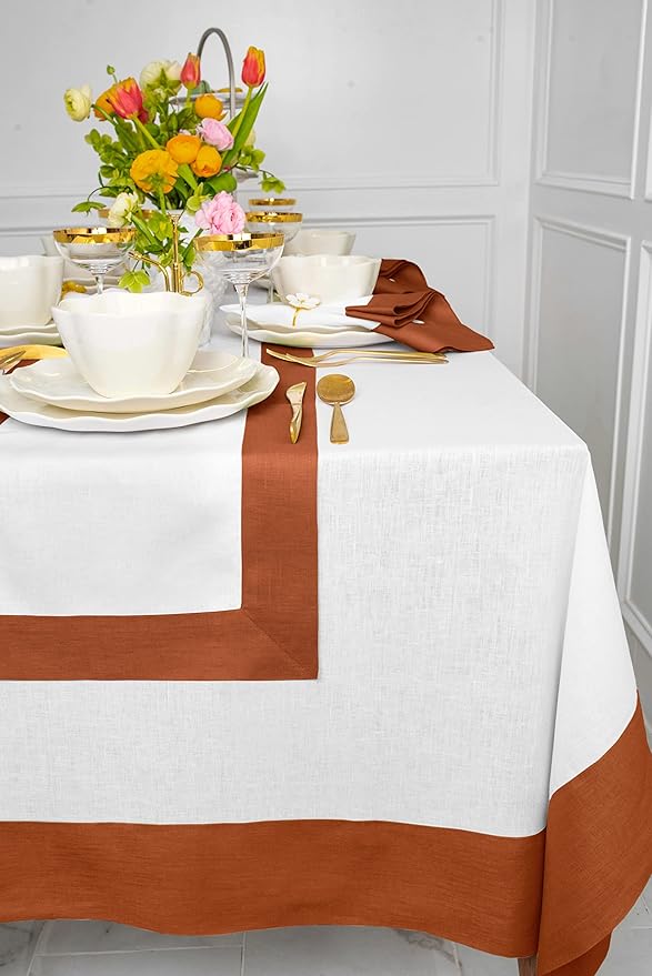 Solino Home Linen Tablecloth for Rectangle Tables 60 x 108 Inch - 100% Pure Linen Cinnamon and White Table Cloth - Contempo, Machine Washable Cloth Tablecloth