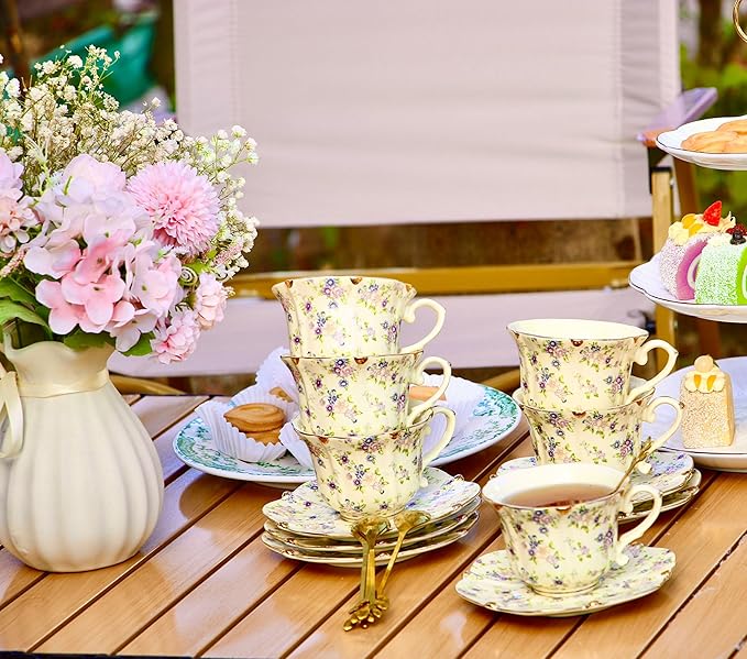 TATSUMI Country Roses 18 Peices Bone China Tea Cup And Saucer Set, English Vintage Tea Cups Of 6 For Women And Tea Party Sets(yellow,6 Sets)