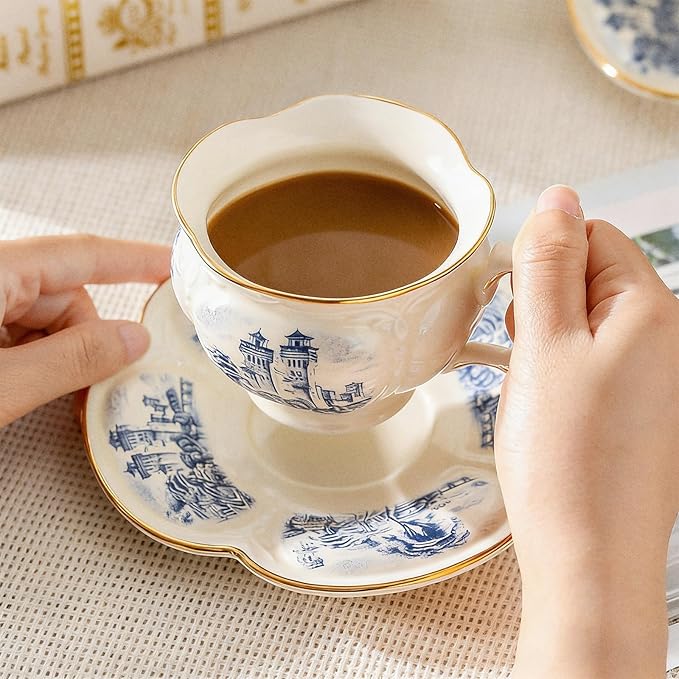 KAMMAK Tea Cups and Saucers Set of 2, Porcelain Coffee Cups, 8-Ounce Stackable Espresso Mugs, Ceramic Demitasse for Coffee, Latte, Americano, Tea, Retro Blue