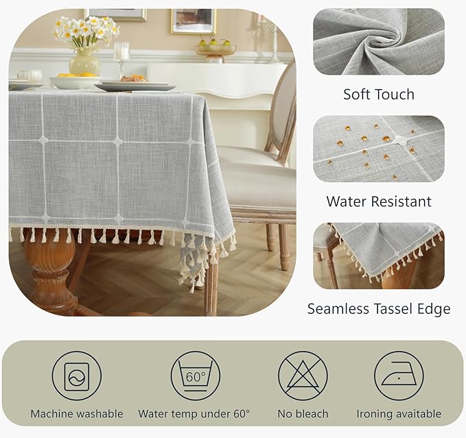 Alsoo Table Cloth Rectangle Table, Cotton Linen Tablecloth Waterproof, Boho Rustic Tables Cover with Tassel for Christmas Party Kitchen Dining Holiday Decorations (Grey Plaid, 55''x120'')