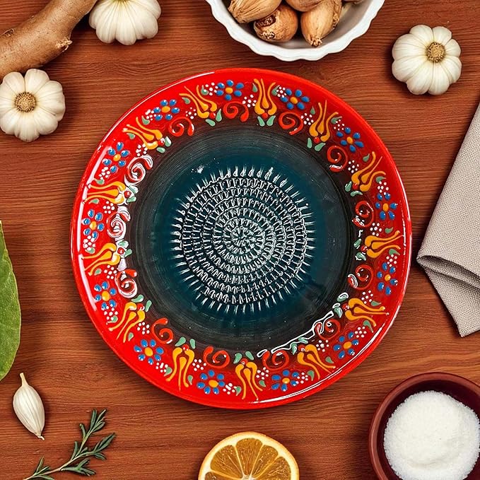 Ceramic Grater Bowl, Garlice Grater Plate, Handmade Ginger Grater, Mincer Bowl for Cheese &Vegetables, Ceramic Decorative Mincer, Hand Dish for Garlic (Sultan Red)