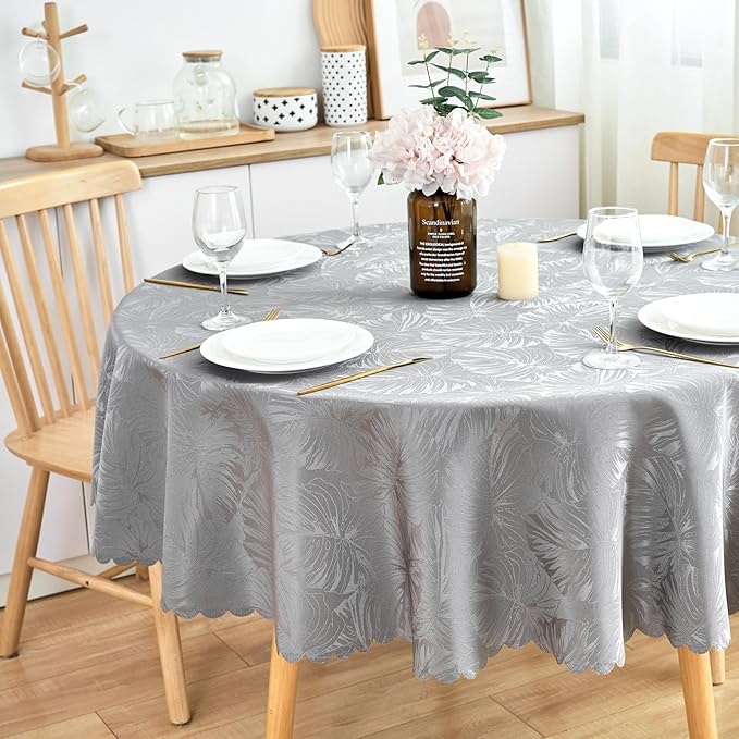 Round Tablecloth Grey Table Cloth Leaves Pattern Scalloped Edge Silky Soft Waterproof Washable 50 Inch Fabric Table Cover for 20-38" Dining Kitchen Party Banquet Patio Decoration