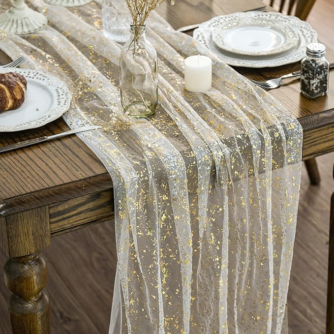 Artoid Mode Beige Gold Gauze Table Runner 120 Inch 10Pcs, Glitter Metallic Foil Sheer Dining Wedding Anniversary Holiday Birthday Table Decor for Home Party