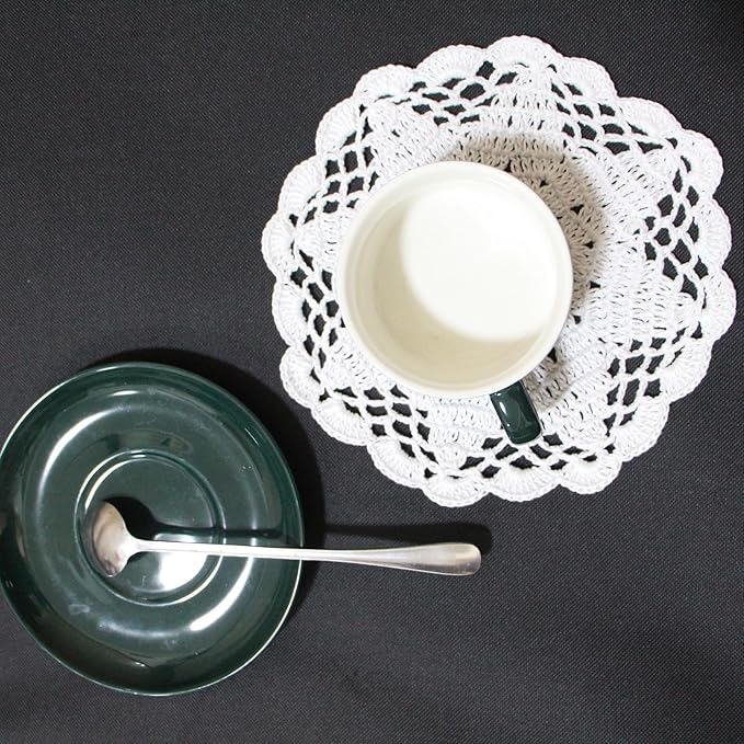 BIBITIME 2 PCS 6" to 7" Handmade Crochet Round Lace Doilies Kitchen Table Placemats Wedding Tea Flower Vase Cup Mats Coasters (White,Pack of 2)