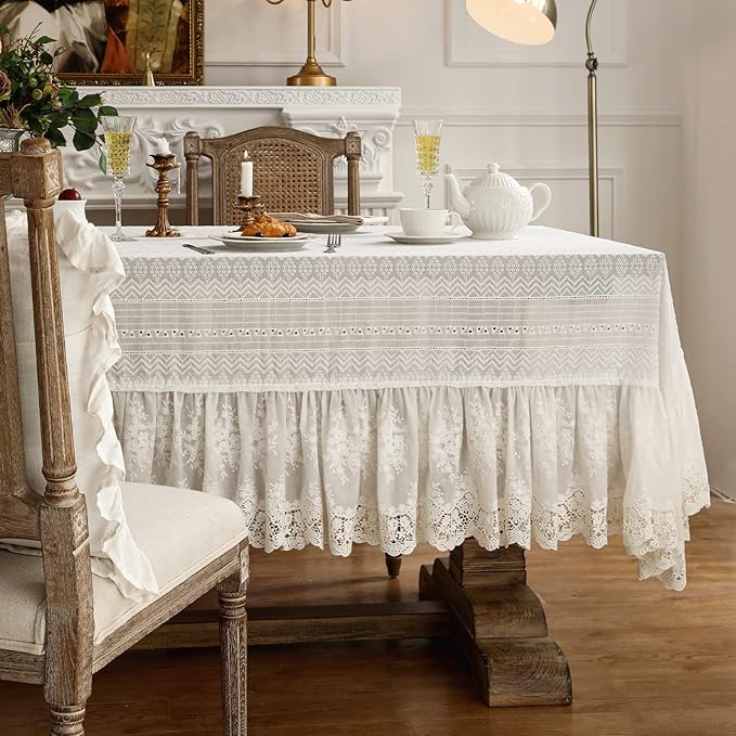 patdrea Vintage White Lace Tablecloth,Design Embroidered Cotton Ruffle Table Cloth for Rectangle Table,Elegant Rustic Fabric Decorations for Wedding Party Thanksgiving Christmas 55"*71"