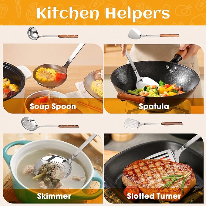 FJNATINH Kitchen Utensils Set, Wok Spatulas, Ladle, Skimmer Spoon, Slotted Turners, Heat Resistant Stainless Steel Wok Tools for Serving, Cooking, Stirring, 4Pcs