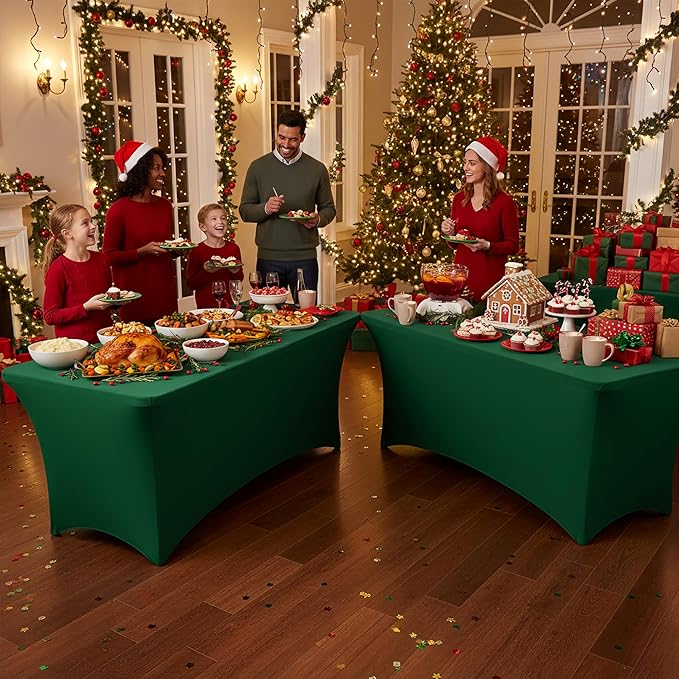 Table Cover for 6 Foot Rectangle Tables-6 Pack Hunter Green Fitted Stretch Tablecloth-Spandex 6ft Christmas Tablecloth for Party, Vendor Booth Display, Banquet Buffet Event, Craft Trade Show