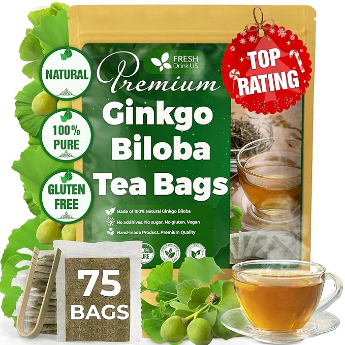 FreshDrinkUS, Premium 75 Ginkgo Biloba Leaf Tea Bags, 100% Natural & Pure from Ginkgo Biloba Leaves. Loose Leaf Herbal Tea. Made with Eco-Conscious Tea Bags. No Sugar, No Caffeine, No Gluten, Vegan.