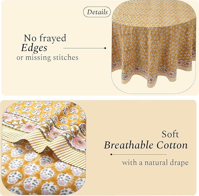 CPC Round Tablecloth- Cotton Indian Block Print Tablecloth -Handmade Printed Washable Cotton Table Cloth - Spring/Summer, Wedding Table Cover - Yellow Citrine 110 Inch