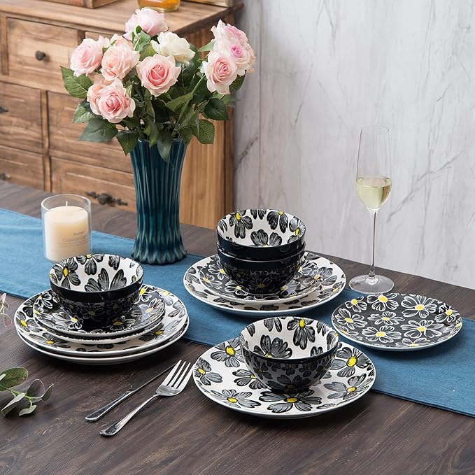 12-pieces Dinnerware Set Ceramic Dish Set Plates Sets Service for 4, Bowl Sets, Stoneware Dinnerware Sets, 12pcs Plate and Bowl Set for kitchen