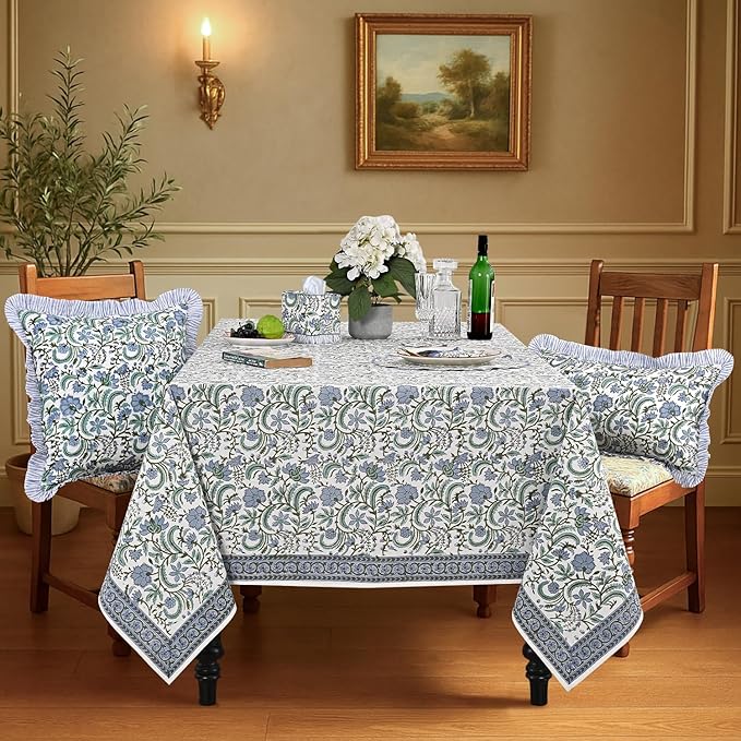 Ridhi Hand Block Print Columbia Blue Rectangle Cotton Tablecloth 120" x 80" Reusable Table Cover Decorative Everyday Use for Dining, Farmhouse, Home Gift for Spring, Easter, Valentine