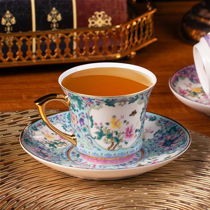 KAMMAK Tea Cups and Saucers Set of 2, Porcelain Coffee Cups with Saucer for Espresso, Cappuccino, 8oz Vintage Pink and Blue Ceramic Novelty Mug for Home, Tea Party, Office
