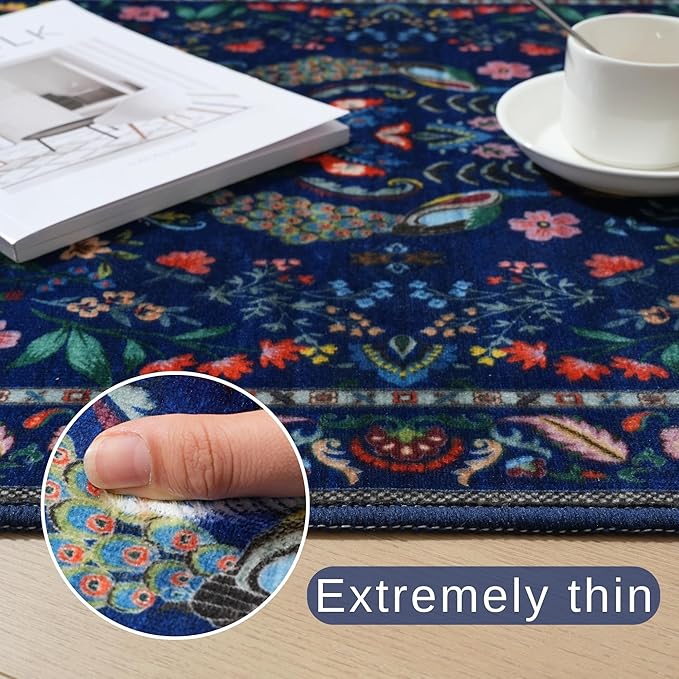 Rugcomf 8x10 Area Rugs for Living Room Washable Rug Floral Non-Slip Large Rug for Living Room, Bedroom, Farmhouse, Dining Room, Kids Playroom(Blue)