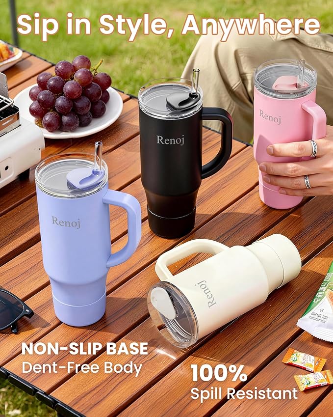 Renoj Tumbler with Handle 100% Spill Resistant Insulated Water Bottle for Iced Coffee & Hot Drinks - Fits Car Cup Holder, Ideal Gift, 2 Straws & Silicone Boot BPA-Free - FlexSlide Black 32 oz