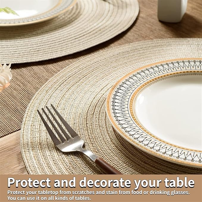 15inch 38CM Circle Dining Table Mats Round Braided Placemats Set Washable Beige Placemats Kitchen Table Coaster Decor(Beige)
