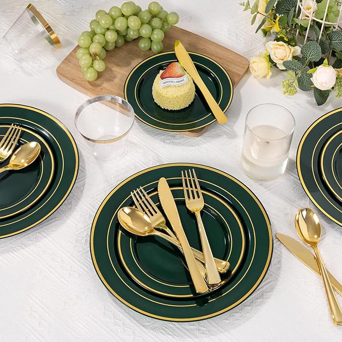 175PCS Green Plastic Plates - Green and Gold Disposable Plates 25Guests Plastic Plates with Rolled Napkins for Birthday/St. Patrick's Day
