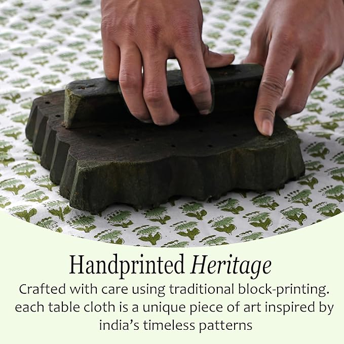 CPC Tablecloth 100% Cotton 70x118 Inch Indian Block Print Rectangle Table Cover, Table Cloth for Weddings, Spring/Summer, Barbeque - Emerald Green