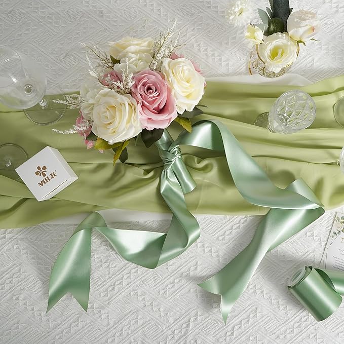 MEEDEE Sage Green Satin Ribbon Lux Double Faced Satin Ribbon by 10 Yards Sage Green Ribbons Sage 3 Inch Ribbons for Wedding, Christmas Tree Decoration, Flower Bouquet, Bow Making
