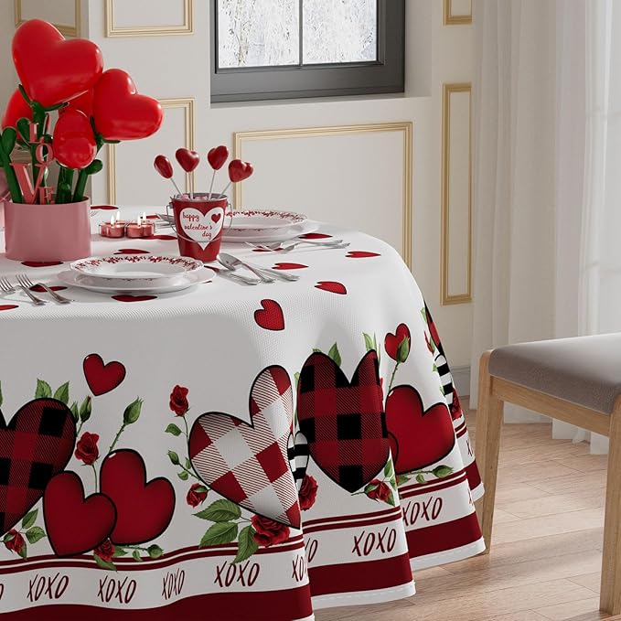 XCHI Plaid Love Hearts Valentine’s Day Tablecloth Round Table Cloth Washable Table Covers for Indoor Outdoor Dining Home Party Decorations 70x70 Inch