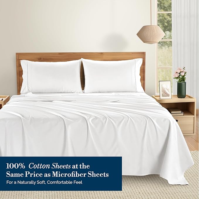 Casa Platino Twin XL Sheets Set –100% Cotton Twin XL Sheets with 2 Pillowcases, Lightweight Feel & Secure Fit, Crisp & Breathable Percale Weave with 15" Deep Pocket, Soft and Cozy – Pure White