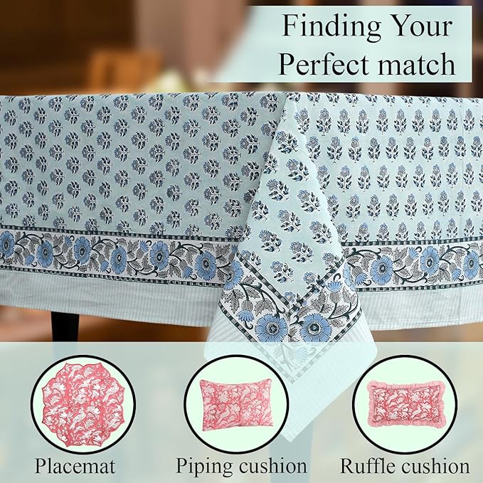CPC Tablecloth 100% Cotton 70x118 Inch Indian Block Print Rectangle Table Cover, Washable Table Cloth for Weddings, Spring/Summer, Barbeque - Poppy Blue