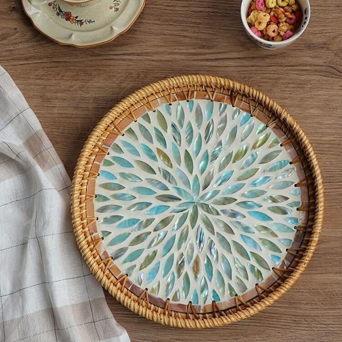 Rattan Serving Tray with Mother of Pearl, Round Coffee Table Tray Decor, Boho Decorative Round Hand-Woven Wicker Home Decor (Galaxy Blue, 12 inch)