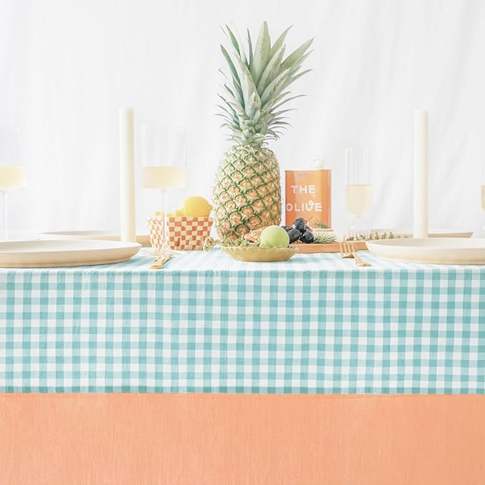 MONDAY MOOSE Gingham Checkered Farmhouse Rustic Picnic Style Decoration Rectangle Natural Stonewashed Cotton Tablecloth for Kitchen, Dining Room, Restaurant (55x70 inch, Teal/Orange)