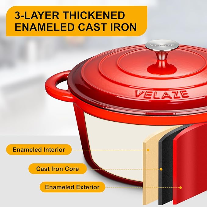 Velaze 7.5 QT Dutch Oven Pot with Lid, Enameled Cast Iron Dutch Oven with Dual Handles for Sourdough Bread Baking, Cooking, Non-stick Enamel Coated Cookware (RED)