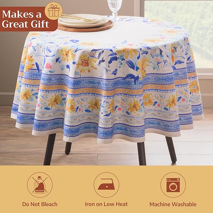 Maison d' Hermine Table Cloth Round Table 100% Cotton 63 Round Inches Tablecloth Reusable Decorative for Dining Room Farmhouse Home Valentines Day Decorations Spring Summer - Girassol