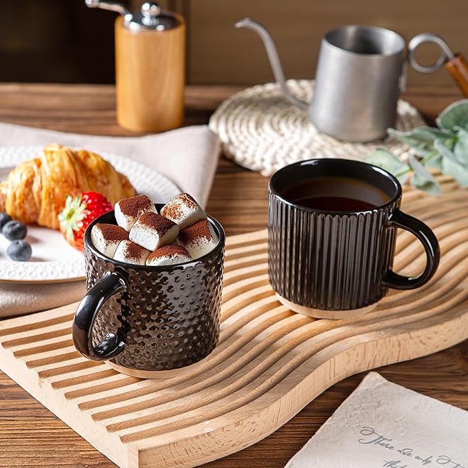 GBhome 8OZ Stackable Coffee Mugs, Ceramic Coffee Mugs with Texture Patterns for Man,Woman,Dad,Mom, Modern Coffee Cups Set of 4 for Espresso/Cappuccino/Cocoa. Dishwasher&Microwave Safe, Black