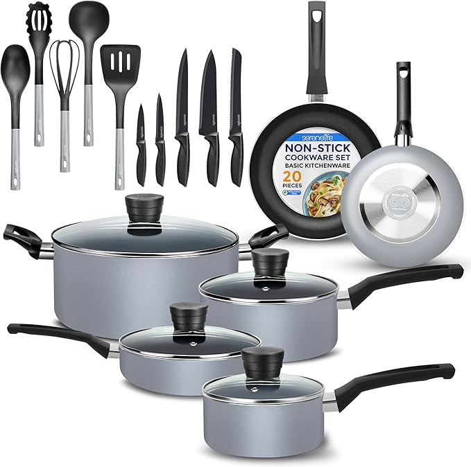 SereneLife Kitchenware Pots & Pans, Basic Kitchen Cookware Set, Black Non-Stick Coating Inside, Heat Resistant Lacquer (20-Piece Set), One Size, Gray
