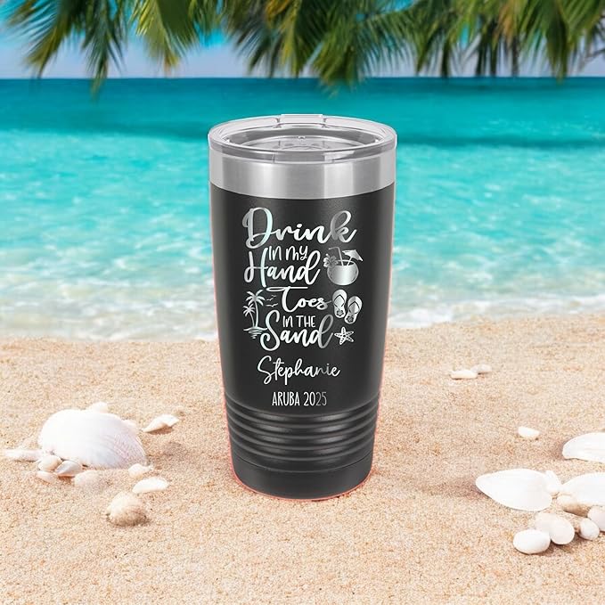 Drink In My Hand Toes In The Sand 20z Tumbler, Summer Mug, Stainless Travel Mug For Friends, Family Or Colleagues, 2025 Summer Tumbler (black)
