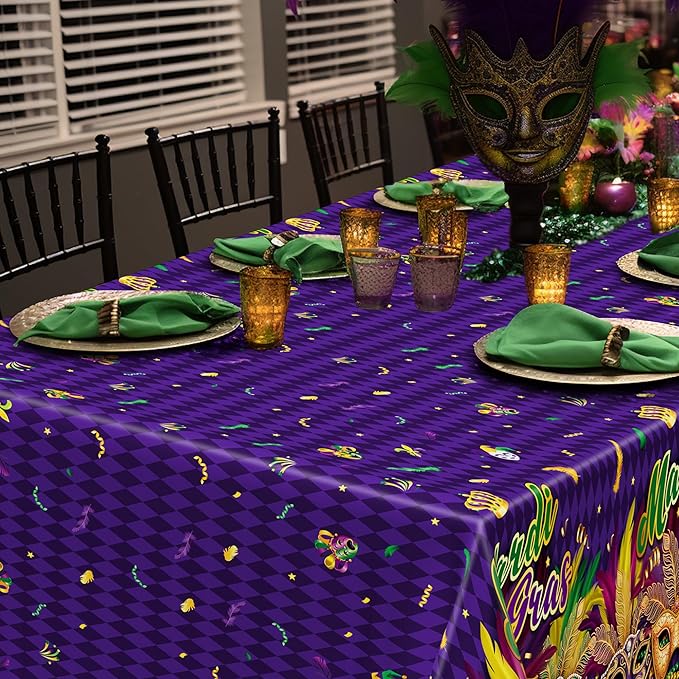3 Pcs Mardi Gras Decorations, 54 X 108 Inches Rectangular Mardi Gras Tablecloth, Plastic Purple Table Cover With Masquerade Mask Design, Fat Tuesday Tablecover For Masquerade Party Picnic Dinner Decor