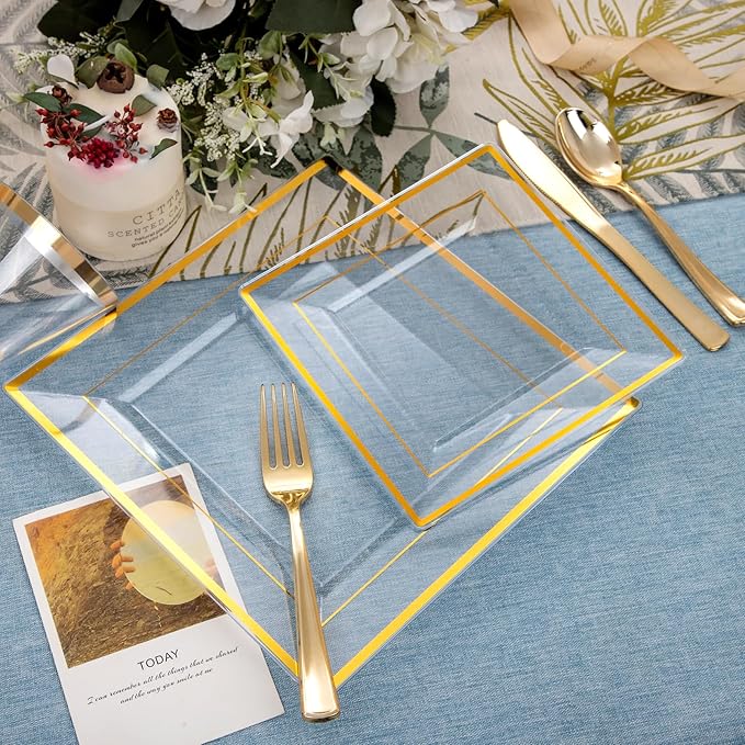 DaYammi 175 PCS Clear Gold Plastic Plates,Gold Plastic Dinnerware Sets,Includes: 25 Dinner Plates,25 Salad Plates,25 Pre Rolled Napkins with silverware,25 Cups 9 OZ, Perfect for Wedding and Party