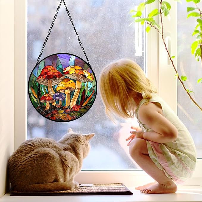 Stained Glass Window Hanging, Jungle Mushrooms Sun Catchers Diamond Glass Panel Hangings Plant Suncatcher Decor for Birthday for Women, Men, Wife, Aunt, and Mom 11.8x11.8 in