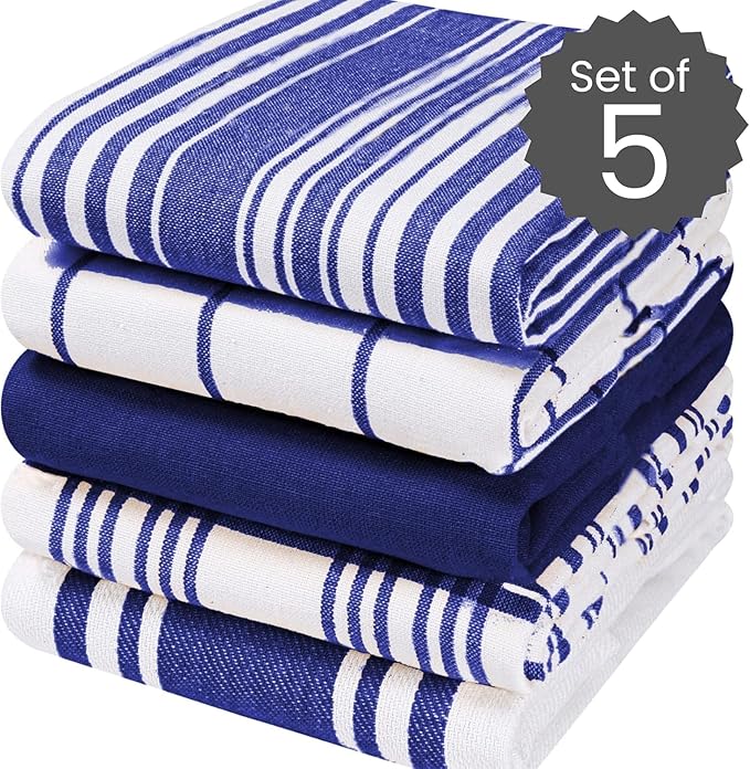 Cotton Clinic Assorted Kitchen Towels 5 Pack – Soft Absorbent Quick Drying Table & Kitchen Linen - Dish Towels, Dish Cloths, Tea Towel and Cleaning Towel with Hanging Loop – 16x28 / Navy White