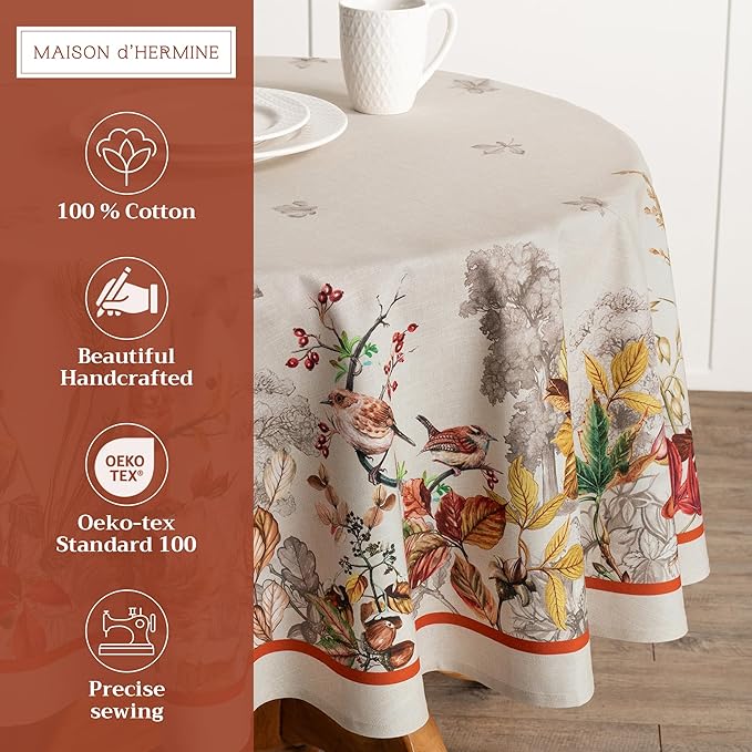 Maison d' Hermine Table Cloth Round Table 100% Cotton 69 Inches Fall Tablecloth Reusable Everyday Use for Thanksgiving Christmas Decorations Dining Farmhouse Party (Recolte)